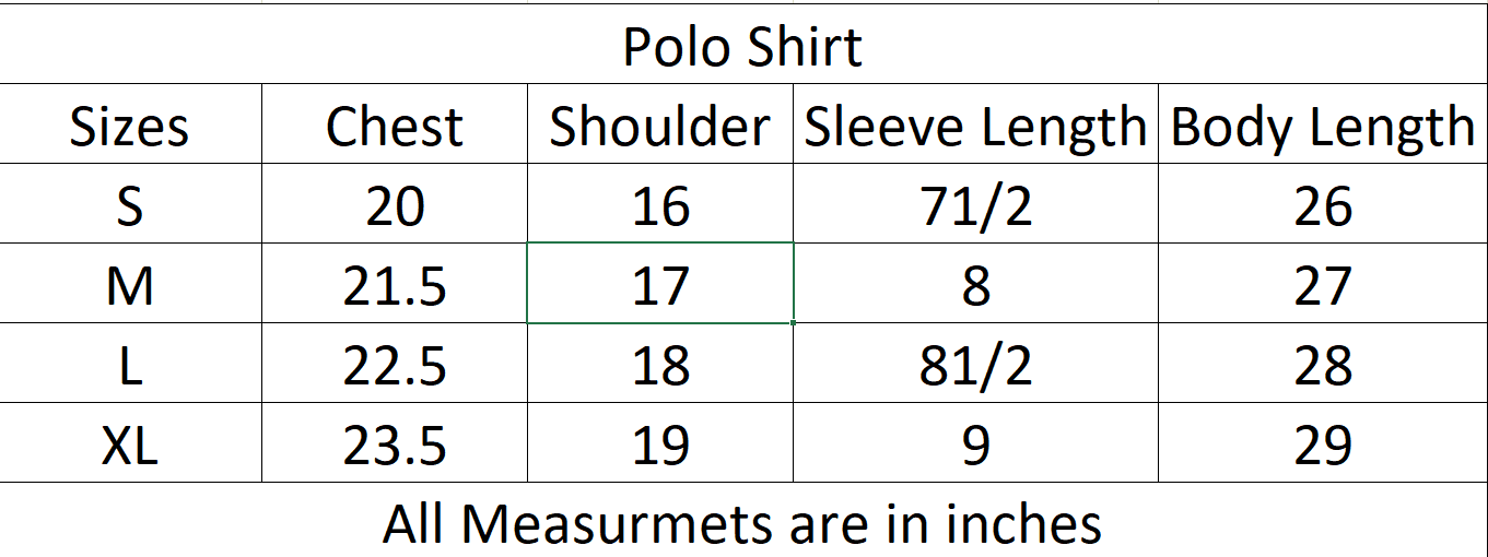 Soft Knit Polo size chart