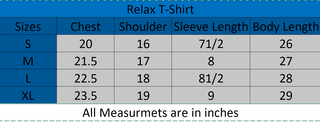 Relaxed T Shirt size chart